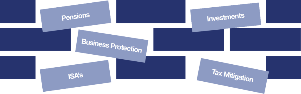 Pensions, investments, business protection, ISAs and tax mitigation arranged in building blocks